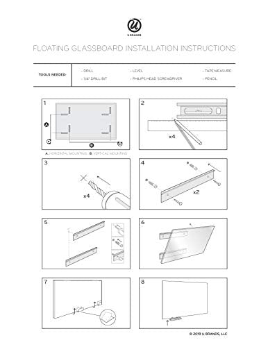 U Brands Floating Glass Dry Erase Board, 47 x 35 Inches, Grey Surface, Frameless (2908U00-01)