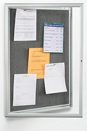 Tack Bulletin Board with a Locking Satin Aluminum Frame, a 24” x 36” Enclosed Grey Fabric Display, and a Polystyrene Lens
