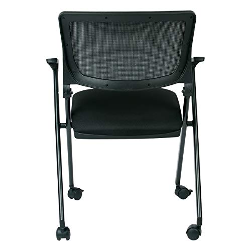 Office Star Breathable Flexible Mesh Back Folding Nesting Chair with Padded Fabric Seat and Casters, 2-Pack, Black with Black Frame