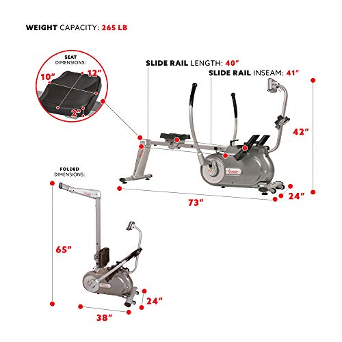 Sunny Health & Fitness Full Motion Magnetic Rowing Machine Rower with Advanced LCD Display, Elevated Seat, 265 LB Max Weight and Foldable - SF-RW5864,Gray