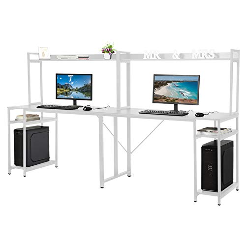 Vehpro Double Computer Desk for 2 People with Shelf Main Frame and Hutch Storage Shelves,Workstation Desk for Home Office (White)