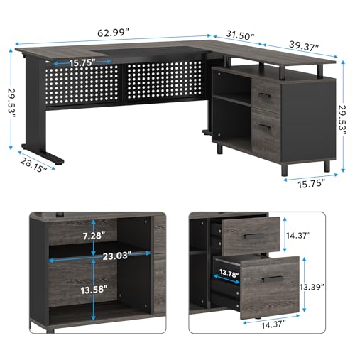 Tribesigns 63 Inch Executive Desk with File Cabinet, L Shaped Computer Desk, Gray and Black