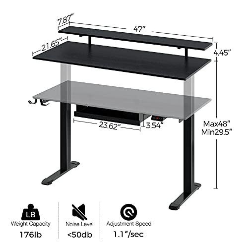Rolanstar Standing Desk, Dual-Motor Adjustable Height Electric Stand Up Desk with Keyboard Tray, 47 Inch Home Office Desk with Whole-Piece Tabletop, Black