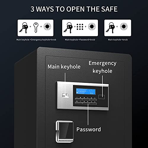 Security Safe Fireproof Waterproof Safe with Digital Keypad and Sensor Light, 2.3 Cubic Feet Large Sized Steel Security Keypad Lock Jewelry Passport Cash Money Gun Cabinet for Home Office Hotel