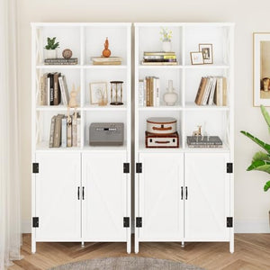 FATORRI Metal and Wood Bookcase with Doors, Tall Cubby Organizer Shelf (White Oak)