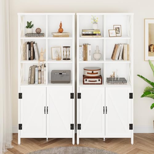 FATORRI Metal and Wood Bookcase with Doors, Tall Cubby Organizer Shelf (White Oak)