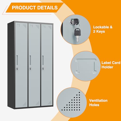 STANI Metal Lockers with Shelves and Lock, 71" Tall Steel Storage Cabinet (Black Grey, 3 Doors)