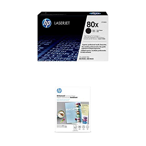 HP 80X Black High Yield Toner + HP Brochure Paper, Matte, Laser, 8.5 x 11, 150 sheets, Enhanced