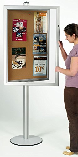 Enclosed Bulletin Board 76 x 28-1/16 x 18 Inch Brushed Silver Aluminum Frame and Pole Floor Standing Corkboard with 24 x 36 Inch Area