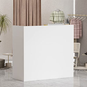 AGOTENI Reception Desk with Open Shelf & Drawers, Lockable Drawer, Wooden Counter (White)
