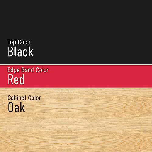 Diversified Woodcrafts Mobile Collaboration School Workstation, 60"x60"x30", Wave Design, Black Top, Red Edge, Oak, 2 Cabinets, Makerspace, Art Classroom