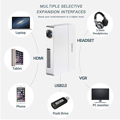 iCODIS RD-813 Mini Projector, 3000lm Portable Pico Projectors, Native HD Resolution, Support 1080P, 10000:1 Contrast Ratio, Build in 10000mAh Battery, Compatible with TV Stick, PS4, HDMI, VGA, USB
