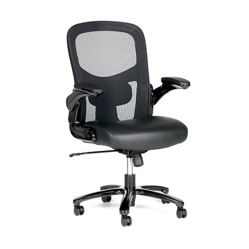 Linear Big and Tall Bonded Leather Seat/Mesh Back Chair with Flip Arms Black Vertical Mesh Back/Black Bonded Leather Seat/Black Base