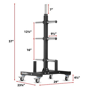 XMark Commercial Olympic Weight Plate Vertical Storage Tree, 750 lb Capacity, with Two Bar Holders and Transport Wheels