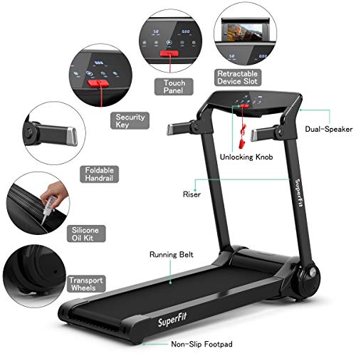 Goplus 3HP Electric Folding Treadmill, with APP Control, Bluetooth Speaker and HD Touch Screen, Installation-Free, Compact Walking Jogging Running Machine for Home Office Use (Silver)
