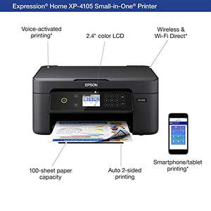 Epson Expression Home XP-4105 Wireless All-in-One Color Inkjet Printer, Black - Print Copy Scan - 10 ppm, 5760 x 1440 dpi, 2.4" Color LCD, Hi-Speed USB, Auto 2-Sided Printing, Voice Activated