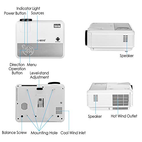 EUG Bluetooth Projector HD 4400 Lumen Wxga Android WiFi Home Cinema Projector Wireless Airplay Suport HD 1080P Compatible with HDMI USB VGA RCA TV Stick PS4 DVD Smartphone Laptop