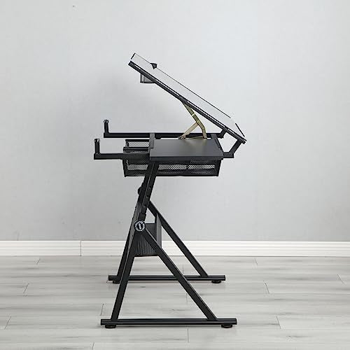 TRIPLE TREE Drafting Table Art Desk for Adults and Artists, Tempered Glass Drawing Table with Height Adjustment and Storage