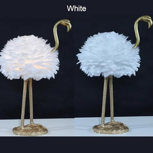 ExaRp Flamingo-shaped LED Desk Lamp with Feather Lampshade - Modern Resin + Goose Feather, 3 Colors, Remote Switch - Bedroom, Living Room, Balcony
