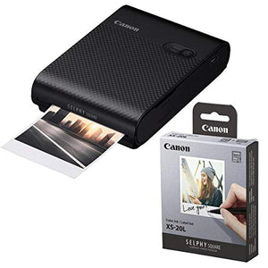 Canon SELPHY Square QX10 Compact Photo Printer, Black SELPHY Color Ink/Label Set XS-20L 20 Sheets