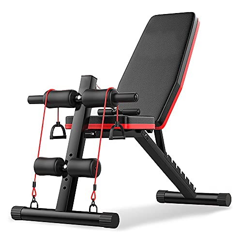 LHK 5-in-1 Adjustable Weight Bench, Foldable Full Body Workout Benches, Weights Lifting Strength Training Equipment with Elastic Ropes, for Home Gym
