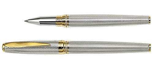 Xezo Solid 925 Sterling Silver Serialized Fine Rollerball Pen, 18K Gold Plated with Screw-On Cap. Swarovski Crystals Band (Maestro 925 Sterling Silver R-G)