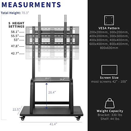 VIVO Heavy Duty Mobile TV Cart for 42-100 inch Screens up to 330 lbs, Black - STAND-TV100C