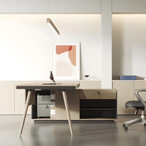 KWOKING Contemporary Natural Executive Desk Oak L-Shape Wooden Office Desk - 70.9" L x 31.5" W x 29.5" H