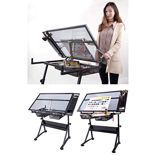 Lgan Tiltable Drawing Table, Adjustable Art Desk, with Storage Craft Table, Drafting Table Glass Panel, Child Adult Drawing Desk