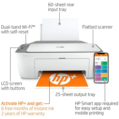 HP All in One Wireless Color Inkjet Printer Print Copy Scan Wireless USB Connectivity Mobile Printing with NeeGo 6 Feet Printer Cable - Grey
