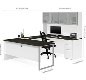 Bestar U-Shaped Desk with Pedestal and Frosted Glass Door Hutch - Pro-Concept Plus