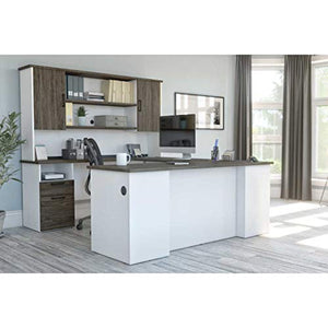 Bestar Norma U or L-Shaped Executive Desk with Hutch, 71W, Walnut Grey & White