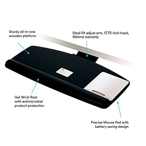 3M AKT91LE Easy Adjust Keyboard Tray With Standard Platform, 17 3/4" Track, Black