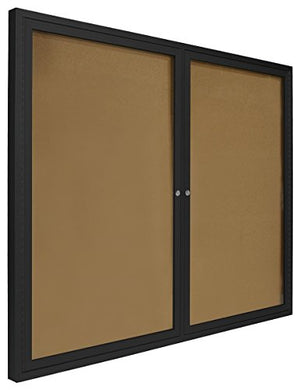 Displays2go 4 x 3 Inches Indoor Bulletin Board with 2 Locking Swing-Open Doors, 48 x 36 Inches Cork Board with Wall-Mounting Bracket, Black Aluminum Frame with Natural Cork Backing (BBSWNG43BK)