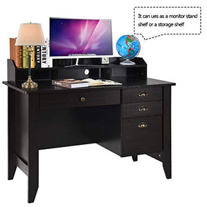 Computer Desk with Drawers and Hutch, Wood Office Desk Teens Student Desk Study Table Writing Desk for Bedroom Small Spaces Furniture with Storage Shelves, Espresso Brown