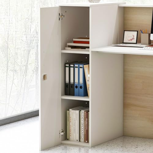 MOUMON Reception Desk Front Counter with Lockers, Adjustable Shelves - Oak/White (70.9”W x 23.6”D x 43.3”H)