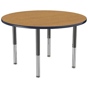 FDP Mobile Round Activity School and Office Table (48 inch), Super Legs with Glides and Casters, Adjustable Height 19-30 inches - Oak Top and Navy Edge