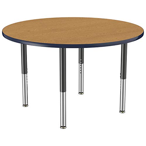 FDP Mobile Round Activity School and Office Table (48 inch), Super Legs with Glides and Casters, Adjustable Height 19-30 inches - Oak Top and Navy Edge