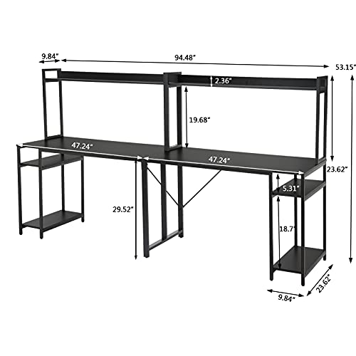 2 Person Desk, Double Computer Storage Shelves, Extra Long 2 People Pc Workstation Home Office Computer Desk with Monitor Hutch, Writing Study Gaming Table, Easy Assembly (Black)