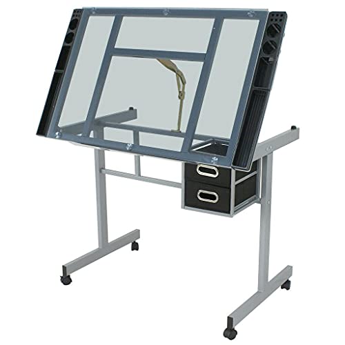 Home Drawing Desk Station Tempered Glass Adjustable Drafting Table W/ 4 Wheels Supplies Adjustable Desk Craft Table Drafting Table Office Furniture Drawing Supplies Desk Drawing Table