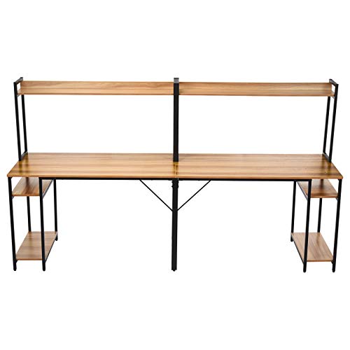 Computer Desk with Hutch and Bookshelf, 95 inch Writing Study Desk, Office Sturdy Double Workstation Desk for Small Spaces, Modern Wood Desk with Open Storage Space (Brown)