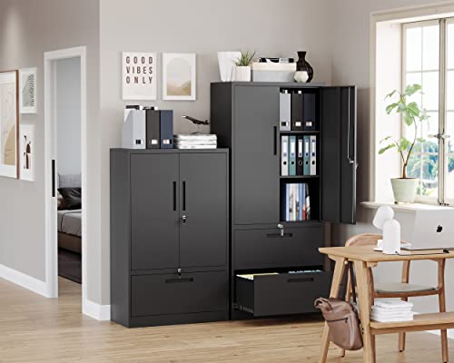 Letaya Metal File Cabinet with Lock, 2 Drawers, Adjustable Shelves - Black