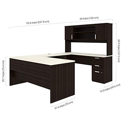 Bestar Ridgeley U-Shaped Executive Desk with Pedestal and Hutch 65W in White Chocolate