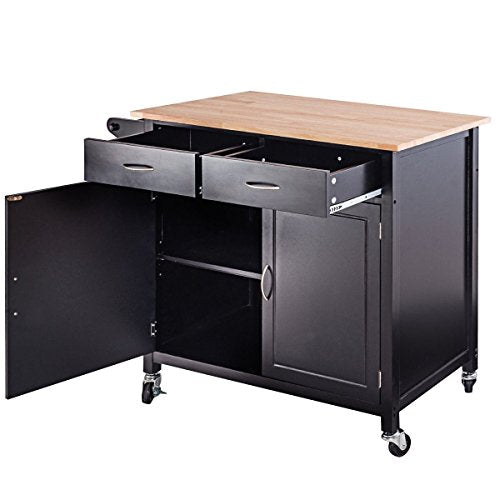 CHEFJOY Kitchen Rolling Cart w/ 2 Drawers 2-Door Cabinet Adjustable Shelf Wood Top Island Serving Utility Storage Cart w/Lockable Wheels Towel Rail Handle (Dark Brown)