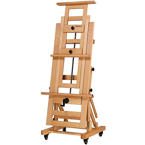 MEEDEN Deluxe Large Rocker Crank Studio Easel,Heavy Duty Artist Painting Easel,Solid Beech Wood with Adjustable Height,Movable and Tilting Flat H-Frame Easel,Holds Art Canvas Up to 76.7"