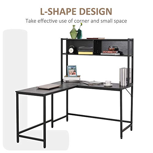 HOMCOM Home Office L-Shaped Computer Desk with Hutch and Storage Shelves, PC Table Study Writing Workstation with 2 Storage Compartments, Bookshelf, Black