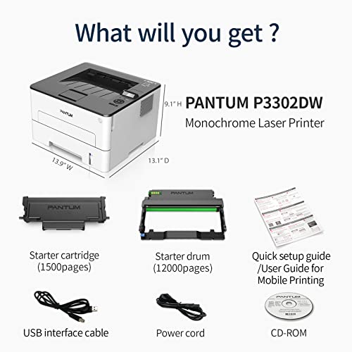 Monochrome Laser Printer Black and White Laser Printer Wireless Small Computer Printer with Auto Duplex 2-Sided Printer Home Use with Mobile Printing and School Student, 30ppm Pantum P3012DW