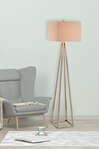 Catalina 19745-001 Contemporary Open Caged Metal Floor Lamp with Natural Linen Rectangular Shade, Bulb Included, Gold
