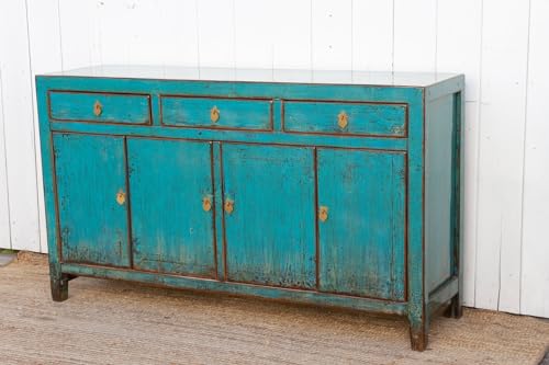 Lschool Antique Painted Sapphire Credenza - Distressed Aqua Blue Sideboard