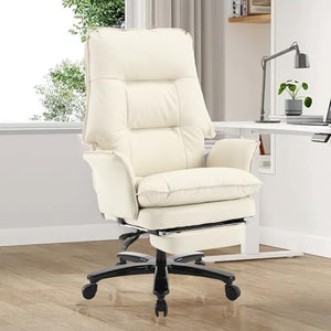 REFICCER Big and Tall Office Chair 400lbs with Foot Rest, Leather High Back Executive Desk Chair for Heavy People - Beige